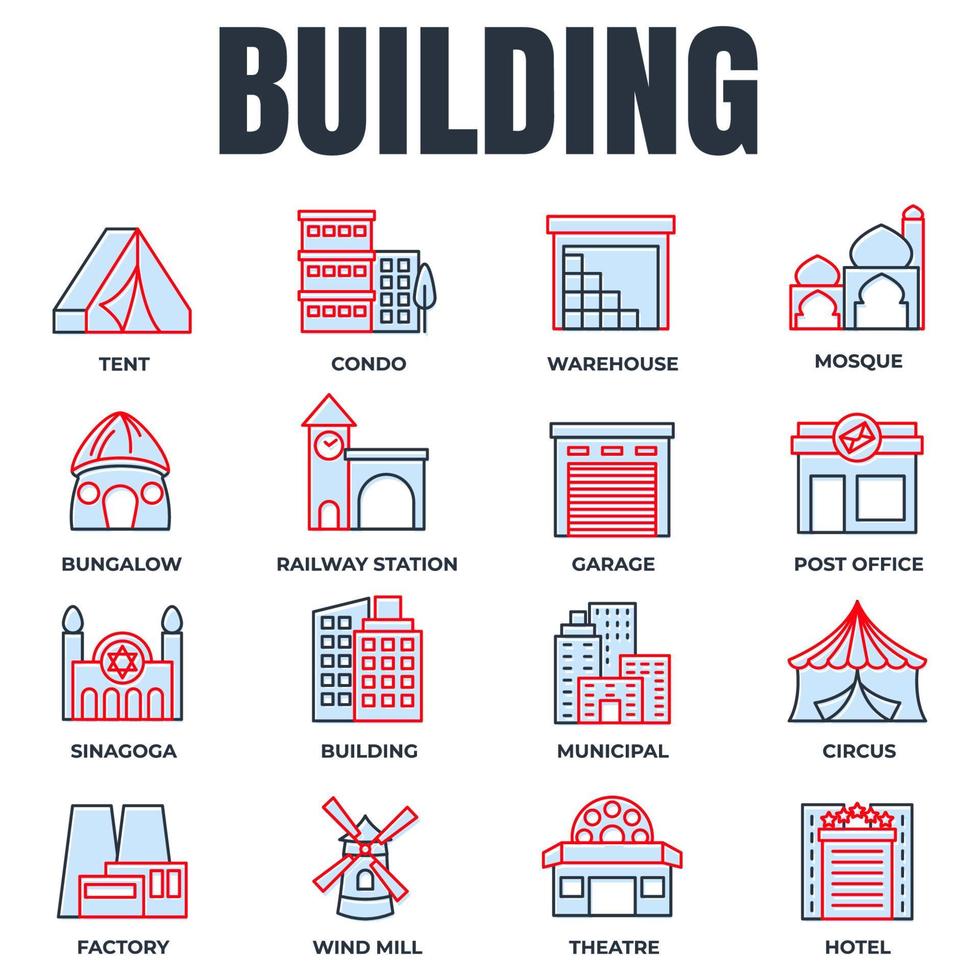 uppsättning av byggnad ikon logotyp vektor illustration. kommunal, hotell, garage, bungalow, moské, järnväg station och Mer packa symbol mall för grafisk och webb design samling