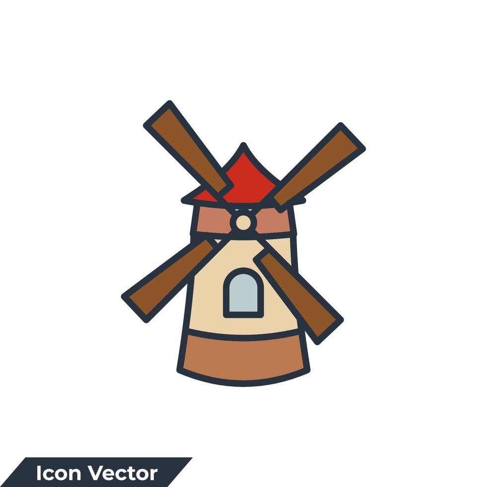 vind kvarn byggnad ikon logotyp vektor illustration. vind turbin symbol mall för grafisk och webb design samling