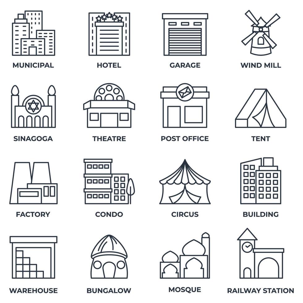 uppsättning av byggnad ikon logotyp vektor illustration. kommunal, hotell, garage, bungalow, moské, järnväg station och Mer packa symbol mall för grafisk och webb design samling