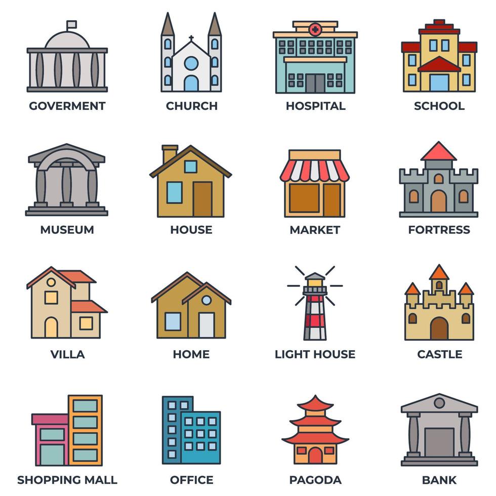 uppsättning av byggnad ikon logotyp vektor illustration. Bank, handla köpcenter, slott, fästning, sjukhus, hus och Mer packa symbol mall för grafisk och webb design samling