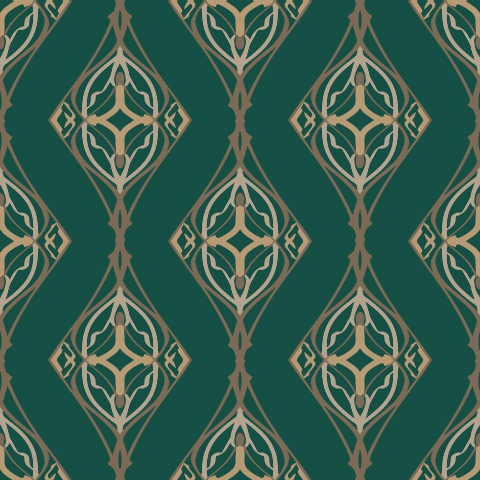 elegant grön geometrisk sömlös mönster med stam- form. mönster designad i ikat, aztek, marockanska, thai, lyx arabicum stil. idealisk för tyg plagg, keramik, tapet. vektor illustration.