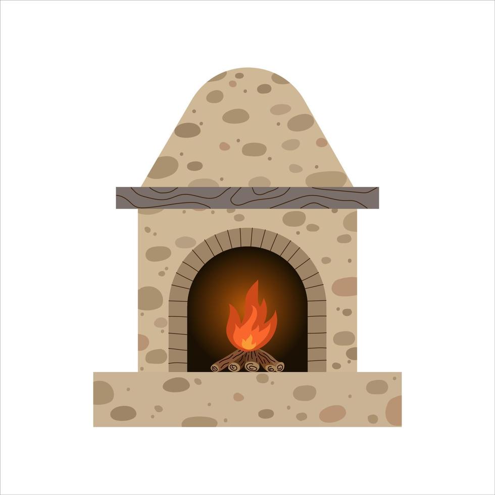 ein Kamin aus Stein und ein Feuer im Ofen. ein Element der Wohnzimmereinrichtung. Vektor-Illustration. vektor