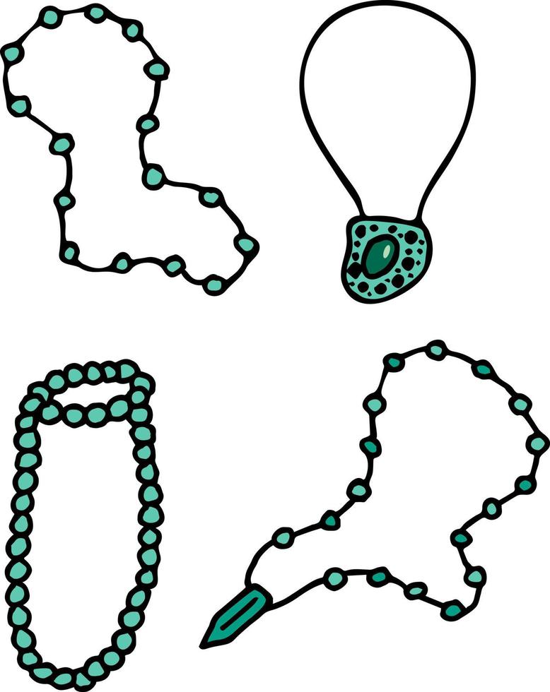 Set mit türkisfarbenen Perlen auf weißem Hintergrund. Doodle-Stil. Vektorbild. vektor