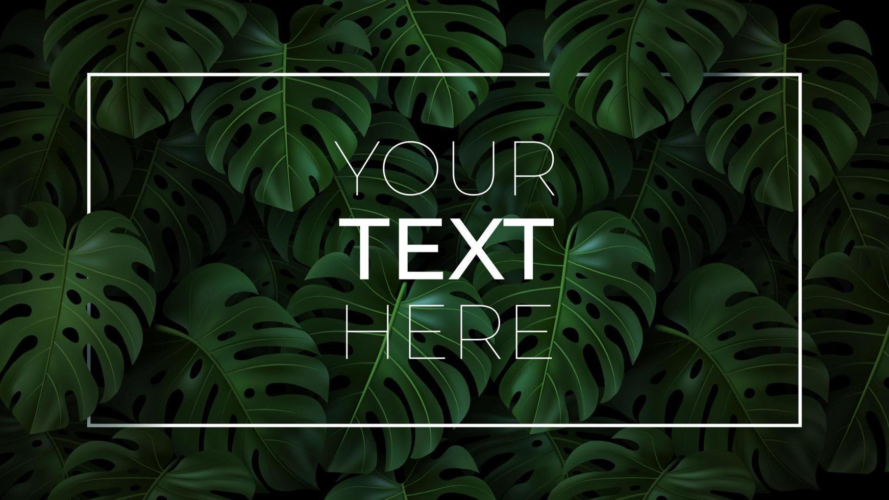 vektor horisontell mall med kopia Plats för din text i ram på mörk bakgrund. realistisk illustration med 3d tropisk löv monstera för omslag, affisch, baner, inbjudan kort, annons, webb design