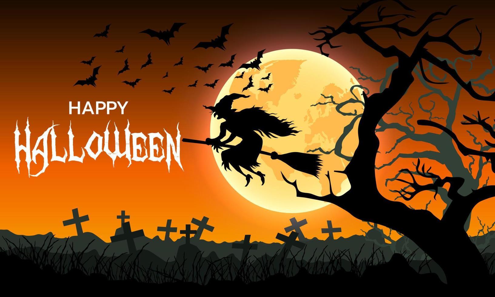 fröhliches halloween mit baum, hexe, vollmond, friedhof und fledermäusen. vektorillustration. vektor