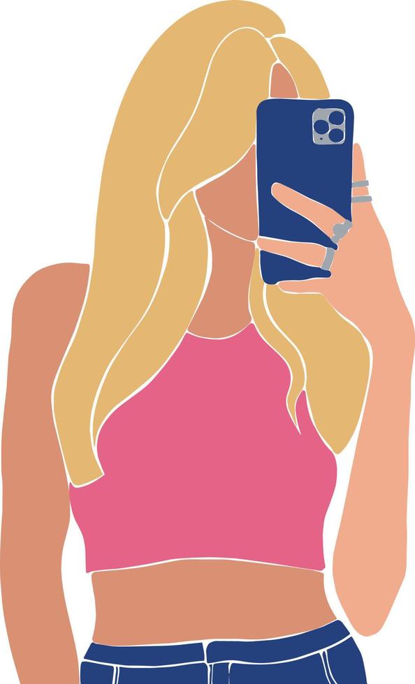 en ung blond flicka gör en selfie på de telefon. rolig konst. skriva ut, affisch, baner. vektor belysande bild. modern vektor illustration. vektor bakgrund. rolig design element.