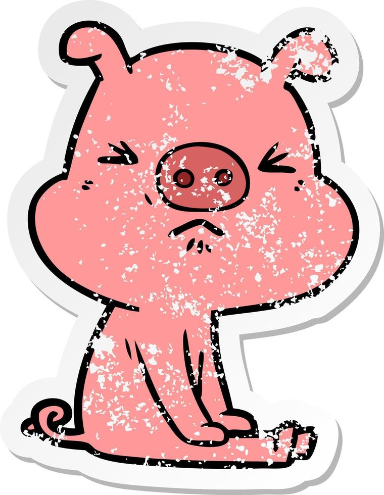 bedrövad klistermärke av en tecknad arg gris satt och väntade vektor