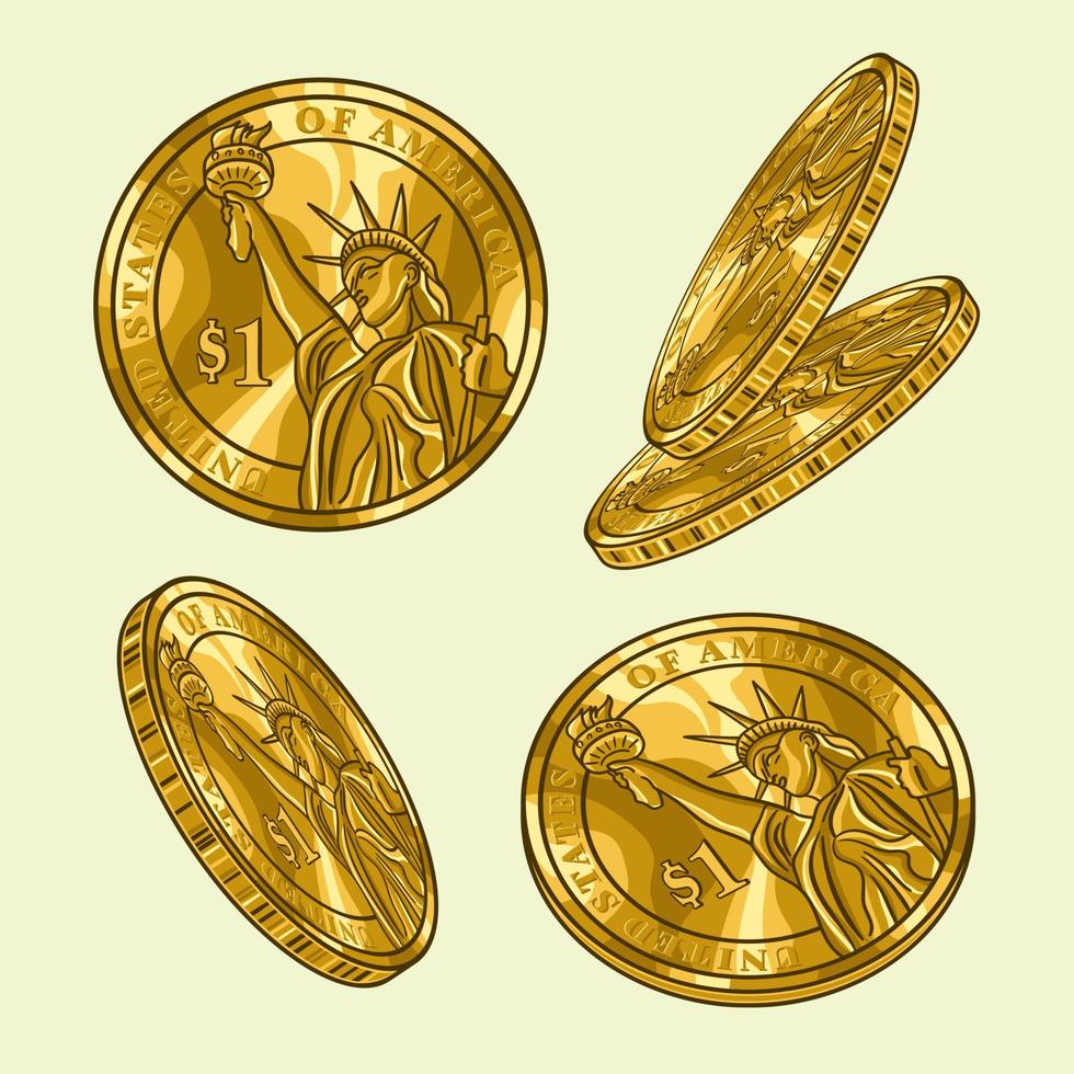 uppsättning av roterande guld mynt med staty av frihet. gyllene pengar uppsättning. isolerat vektor illustration.