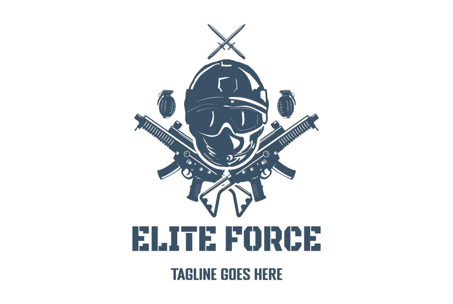 Elitearmee-Marinesoldat mit Sub-Maschinengewehrgranate und Dolch für Militärabzeichen-Emblem-Label-Logo-Design-Vektor vektor