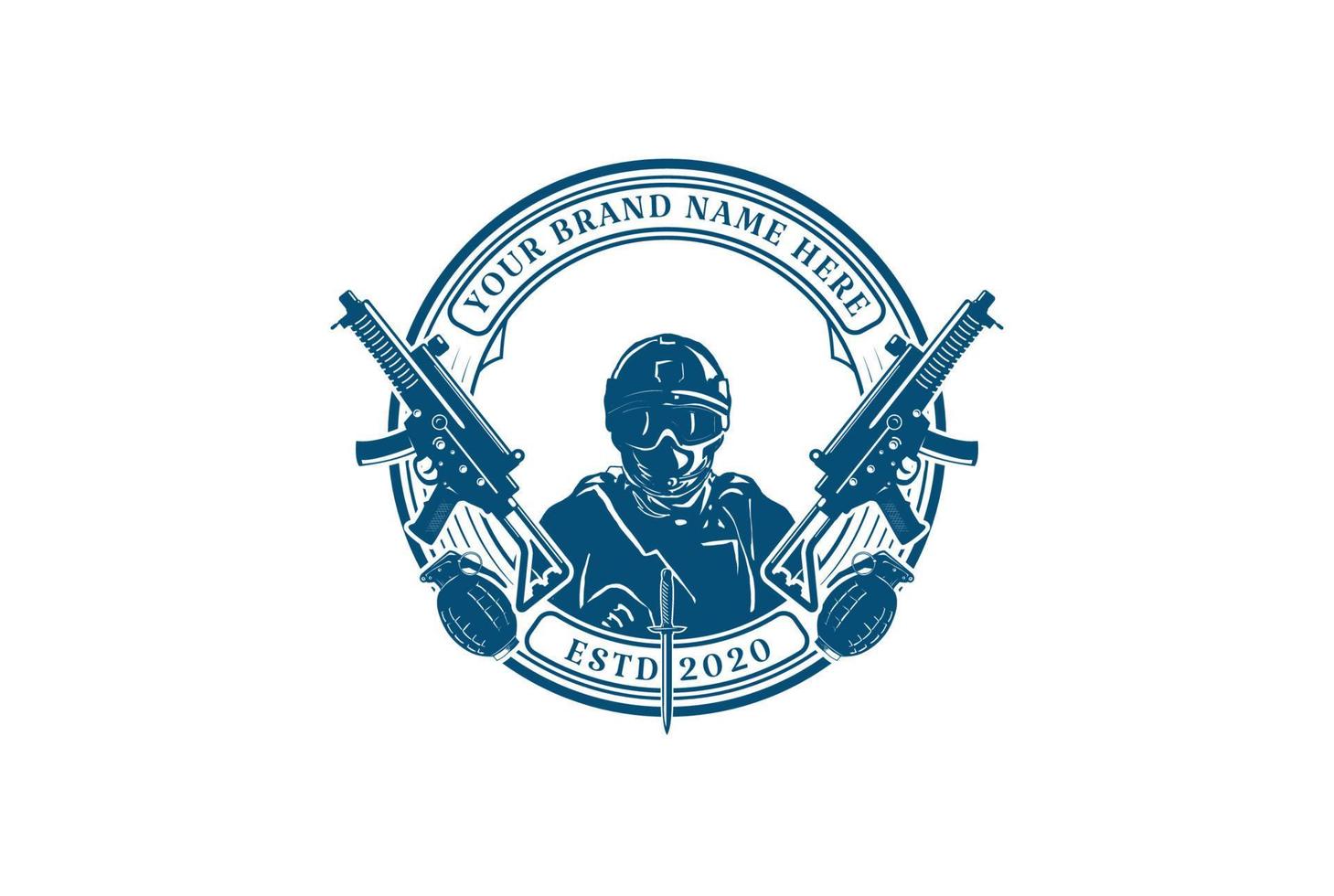 Elitearmee-Marinesoldat mit Maschinenpistole und Granate für Militärabzeichen-Emblem-Label-Logo-Design-Vektor vektor
