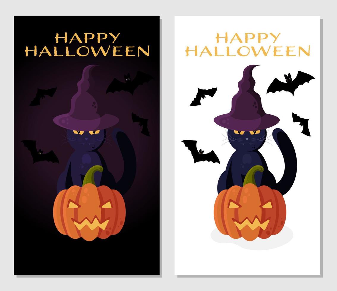 halloween-vektorposter mit schwarzer katze auf einem hexenhut, jack o'lantern und fledermäusen. perfekt für Websites, gedruckte Materialien, soziale Medien usw. vektor