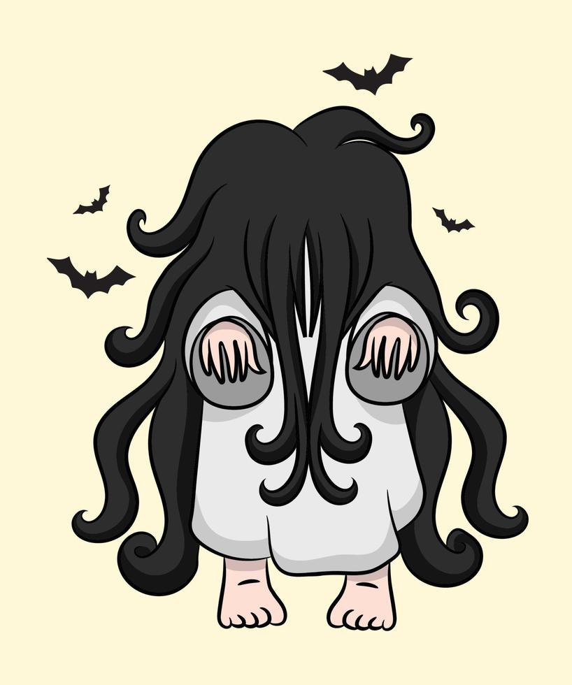 gruseliges Mädchen Cartoon Horror Halloween schwarze Haare vektor