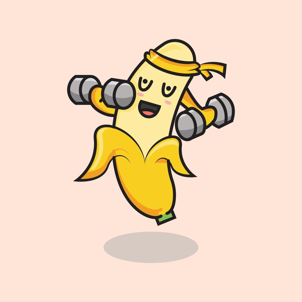 söt kondition banan frukt karaktär vektor logotyp ikon