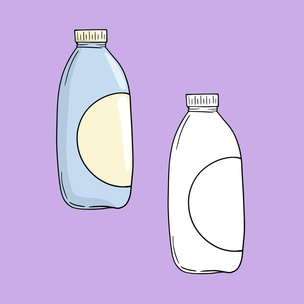 en uppsättning av illustrationer, en lång blå plast mjölk flaska, en kopia Plats, en vektor illustration i tecknad serie stil på en färgad bakgrund