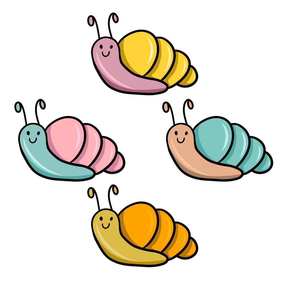 eine Reihe farbiger Symbole, eine kleine Cartoon-helle Schnecke, ein Charakter, Vektorillustration auf weißem Hintergrund vektor