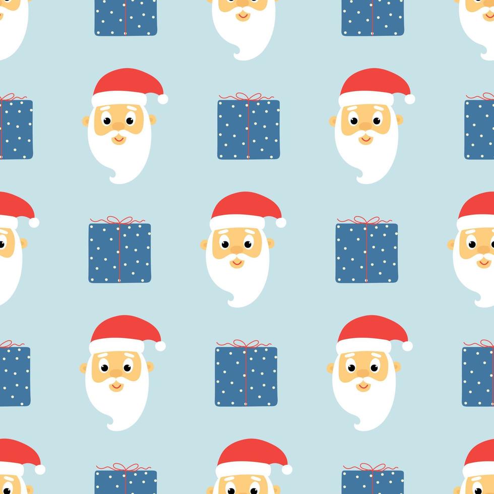 sömlös mönster av söt santa claus huvud och gåva lådor på blå bakgrund. bakgrund för jul design. vektor
