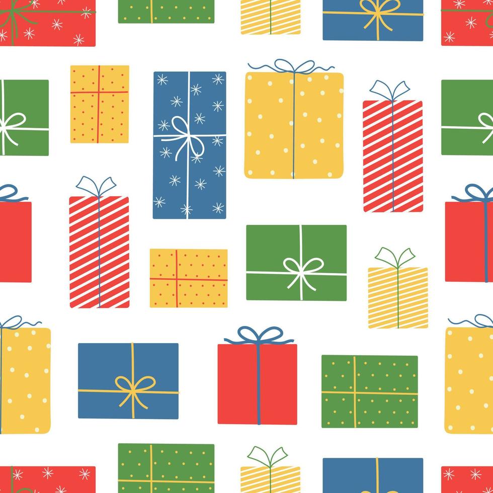 weihnachten und neujahr nahtloses muster. bunte Geschenkboxen auf weißem Hintergrund. Doodle-Stil. vektor