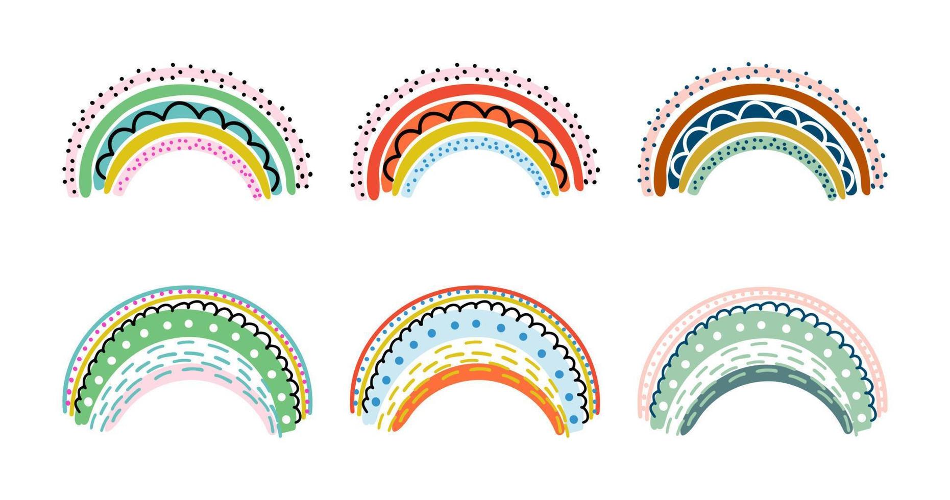 uppsättning av regnbågar i barnslig scandinavian stil isolerat på vit. söt samling av färgrik hand dragen vektor illustrationer. perfekt för ungar, barnkammare dekoration, bebis dusch, fest, grafik.