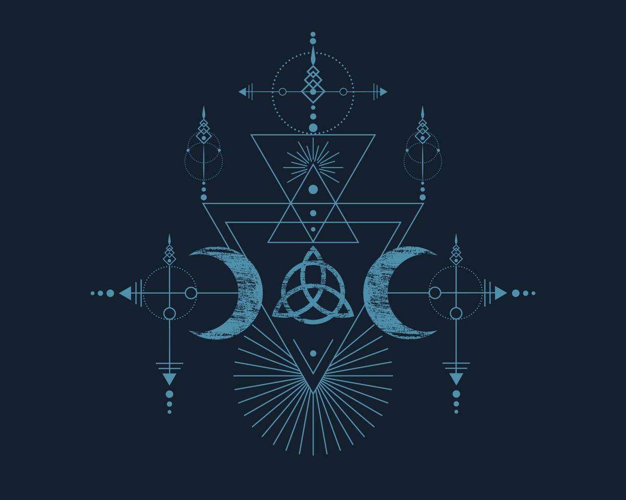 trippel- gudinna och triquetra , helig geometri, stam- trianglar, måne faser i schaman boho årgång stil. retro, astrologi, alkemi, och magi symboler. vektor isolerat på blå gammal bakgrund