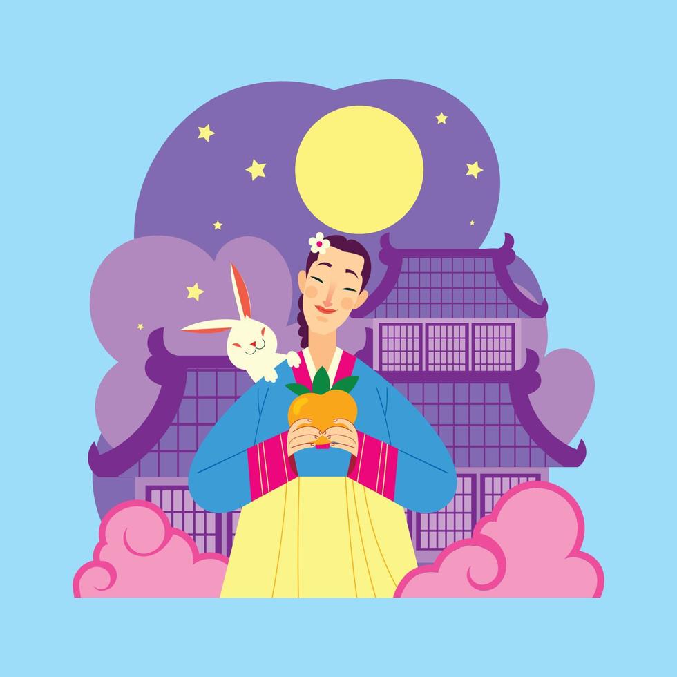 söt koreanska flicka och de kanin med en stor persimon vektor