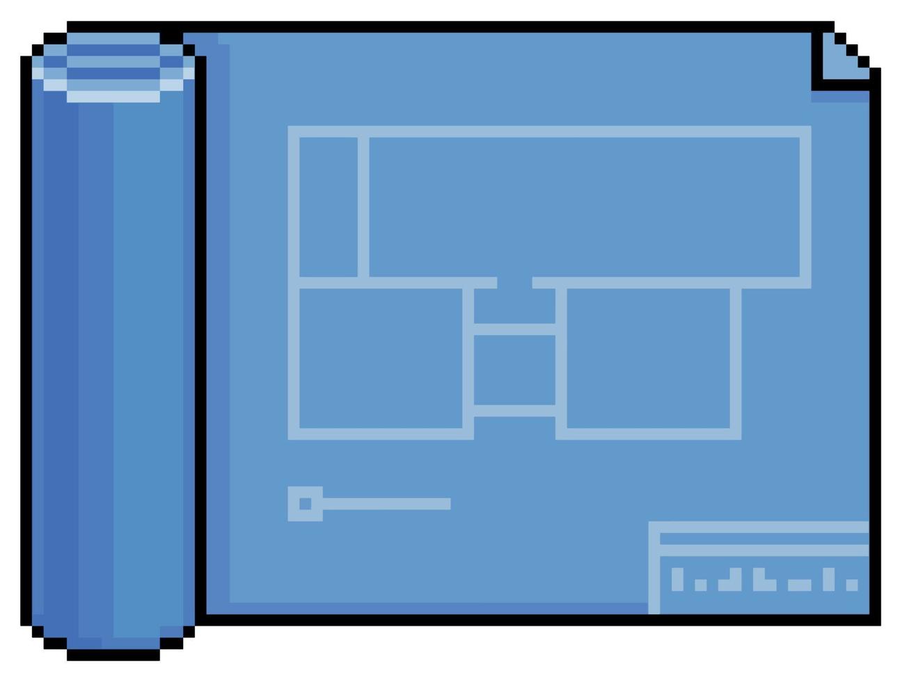 Architekturdesign des blauen Papiers der Pixelkunst, Architekturprojektvektorikone für Spiel auf weißem Hintergrund vektor