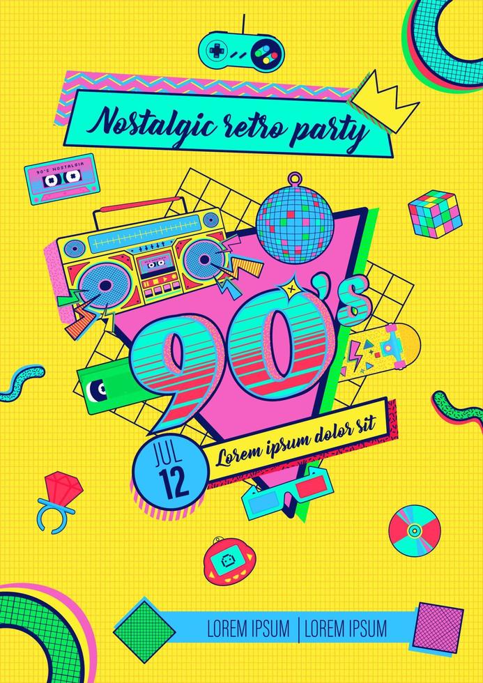 90er 80er Memphis nostalgisches buntes Retro-Partyplakat vektor