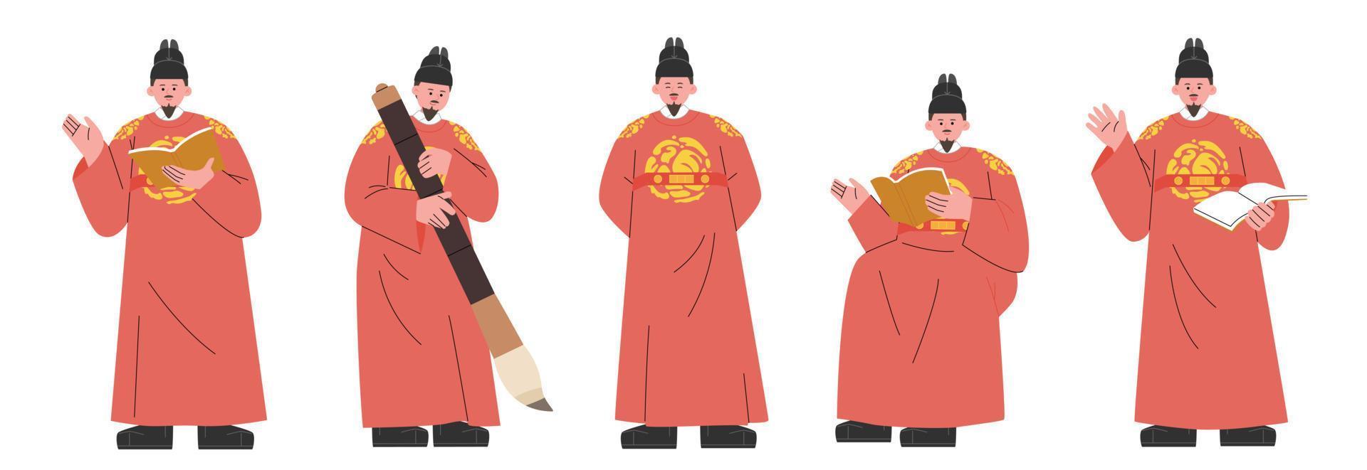 en samling av rörelser av kung sejong innehav en bok eller en borsta. platt design stil vektor illustration.