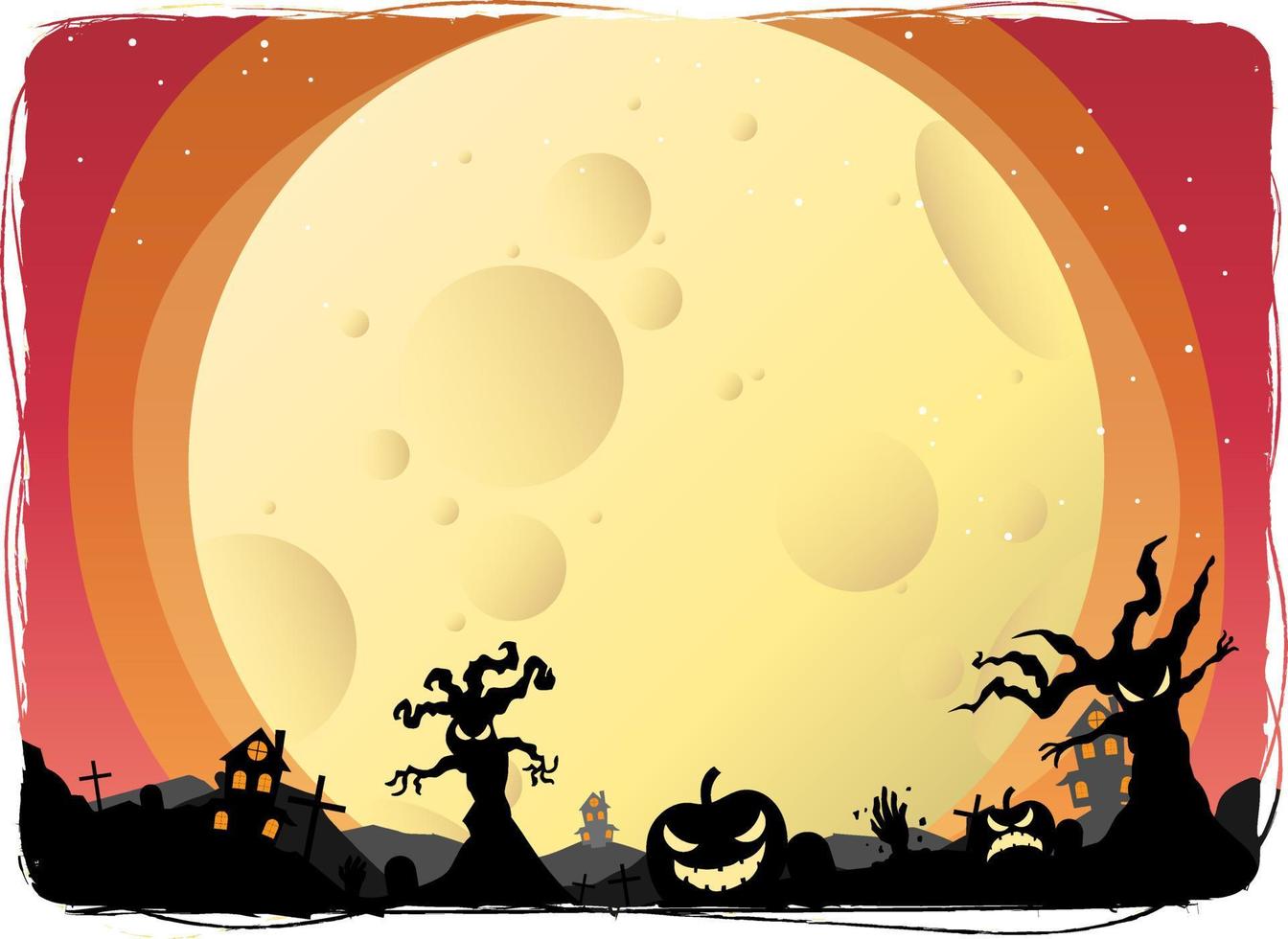 halloween natt bakgrund, pumpor, och mörk silhuett träd med en läskigt falla måne. vektor illustration.