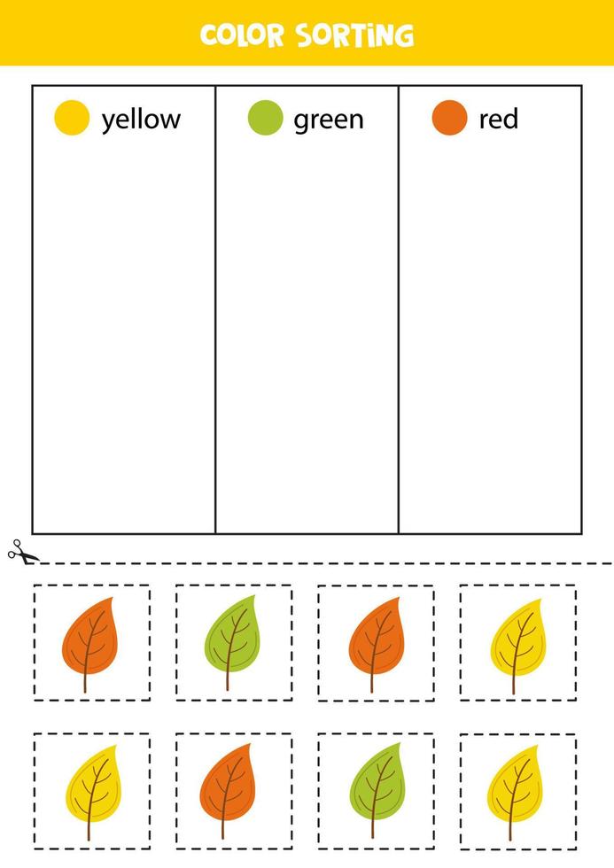 sortera hand dragen löv förbi färger. inlärning färger för barn. vektor