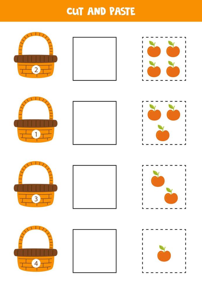 Mathe-Spiel für Kinder. Äpfel zählen und in Körbe stecken. vektor