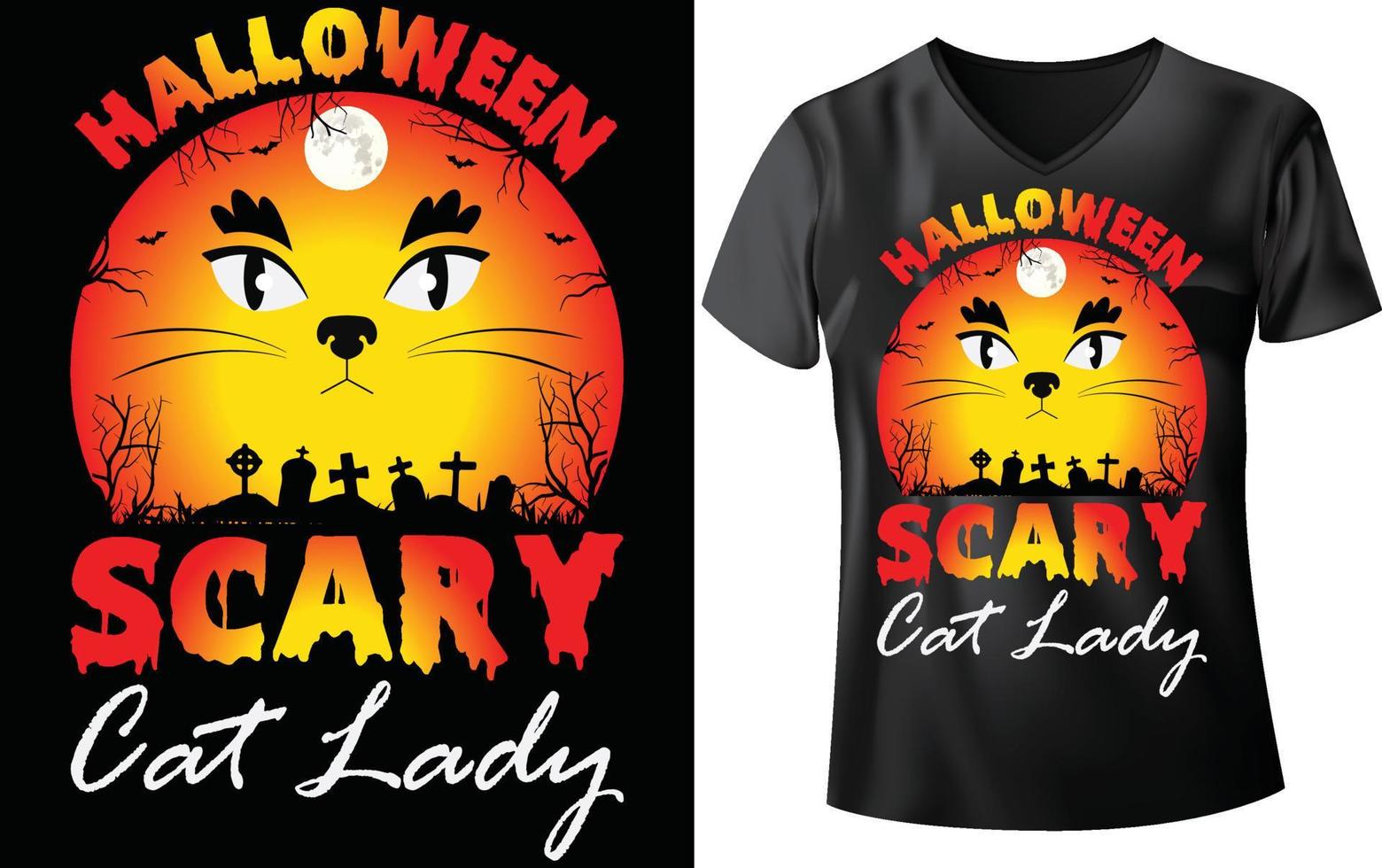 halloween katt t-shirt design, halloween skrämmande katt lady vektor
