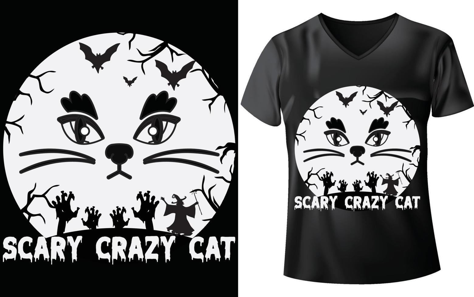 Halloween-Katzen-T-Shirt-Design, gruselige verrückte Katze vektor