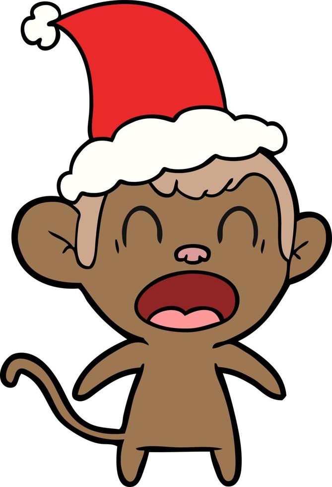 schreiende Strichzeichnung eines Affen mit Weihnachtsmütze vektor