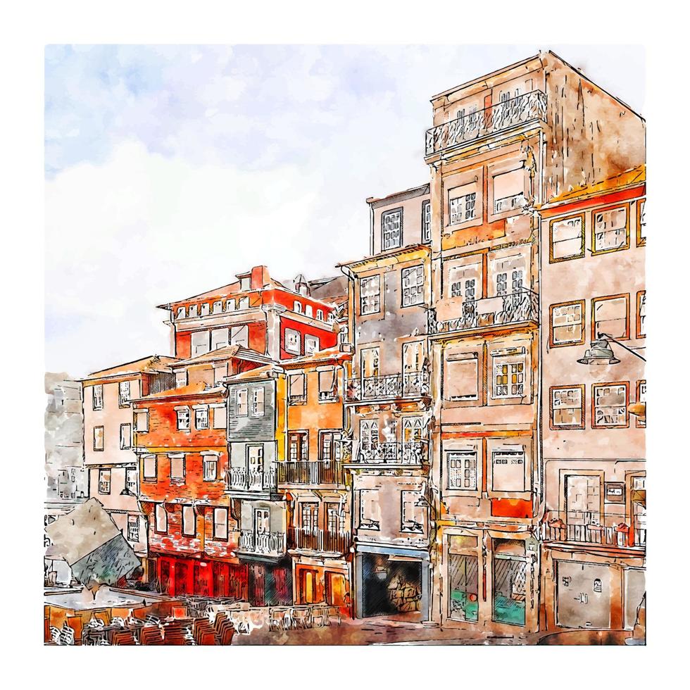 ribeira rio douro porto portugal aquarellskizze handgezeichnete illustration vektor