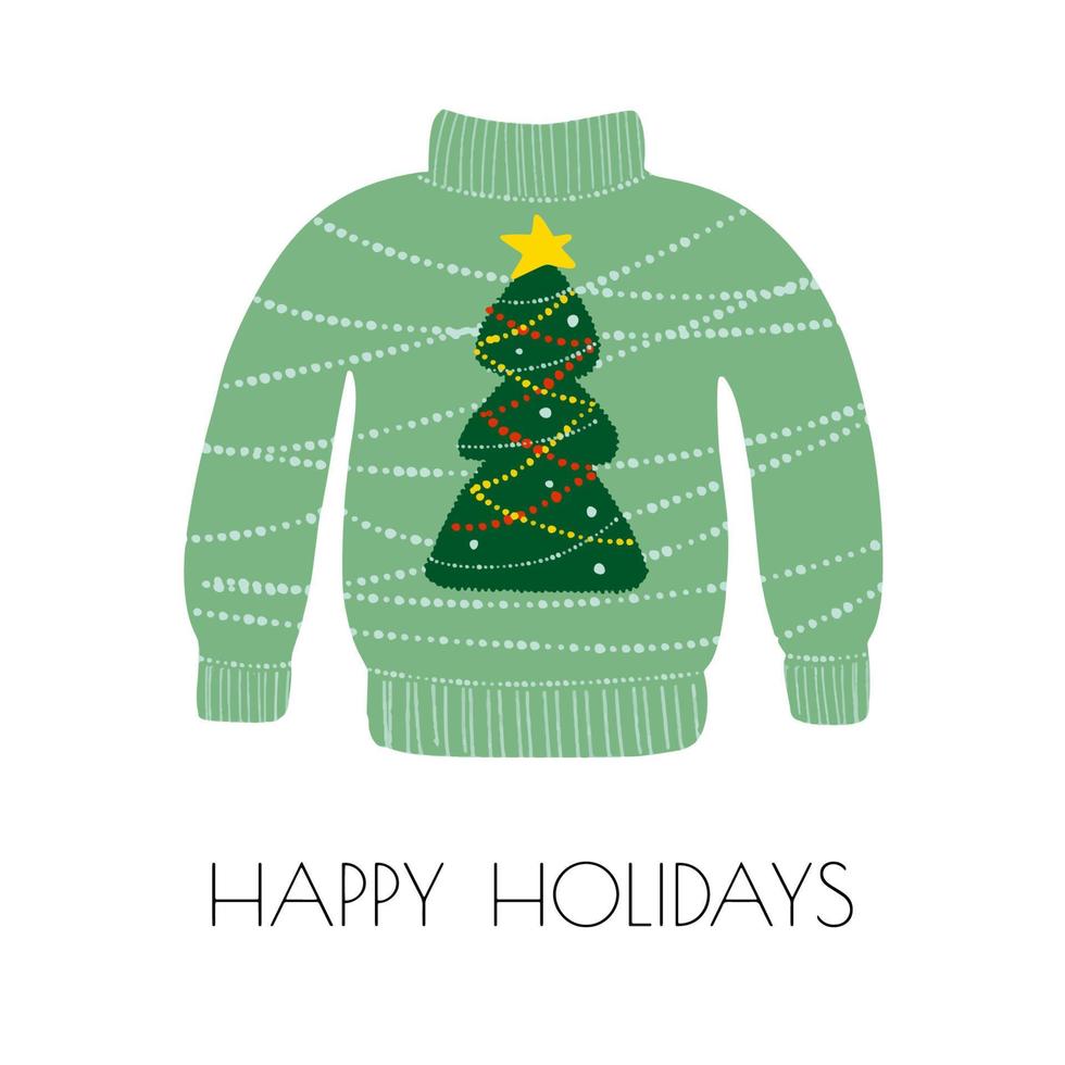 Illustration von hässlichen Pullover mit Weihnachtsbaum isoliert auf weißem Hintergrund mit dem Text frohe Feiertage vektor