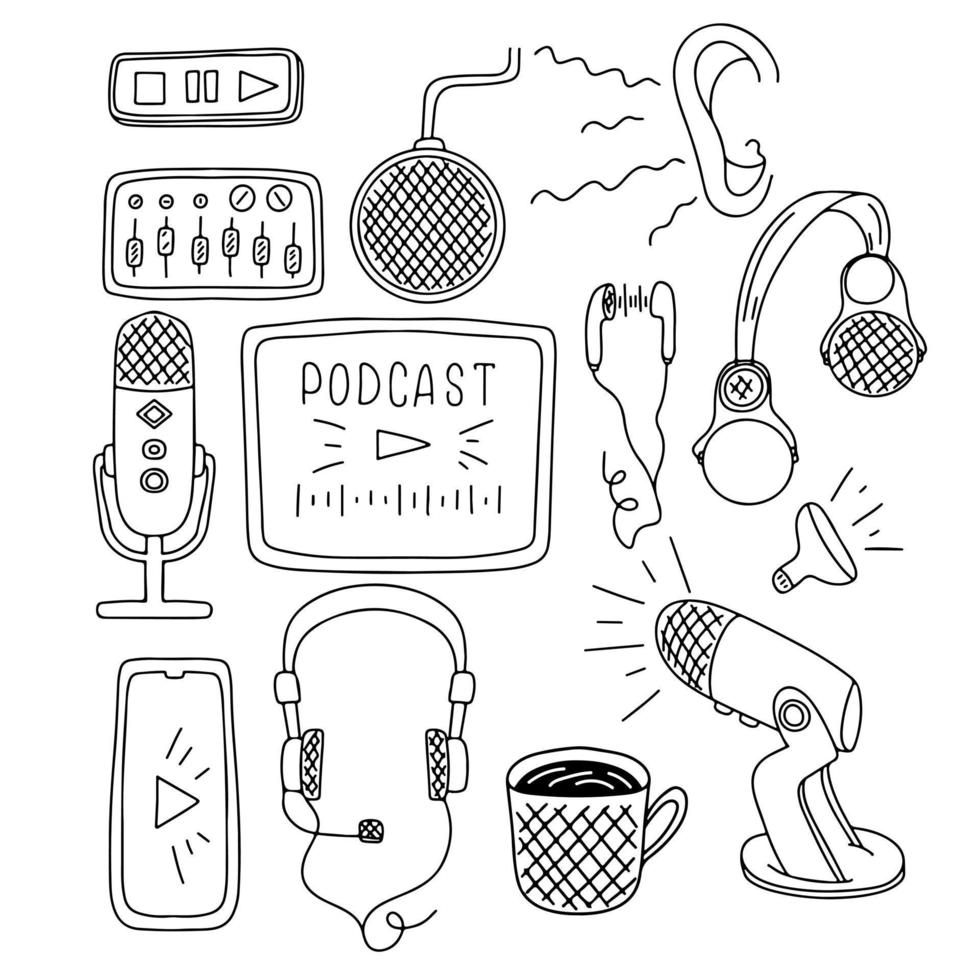 Podcast-Sammlung im handgezeichneten Doodle-Stil. Vektorsatz. Mikrofon und verschiedene Podcast-Geräte und -Artikel. kommunikation, interviewkonzept. vektor