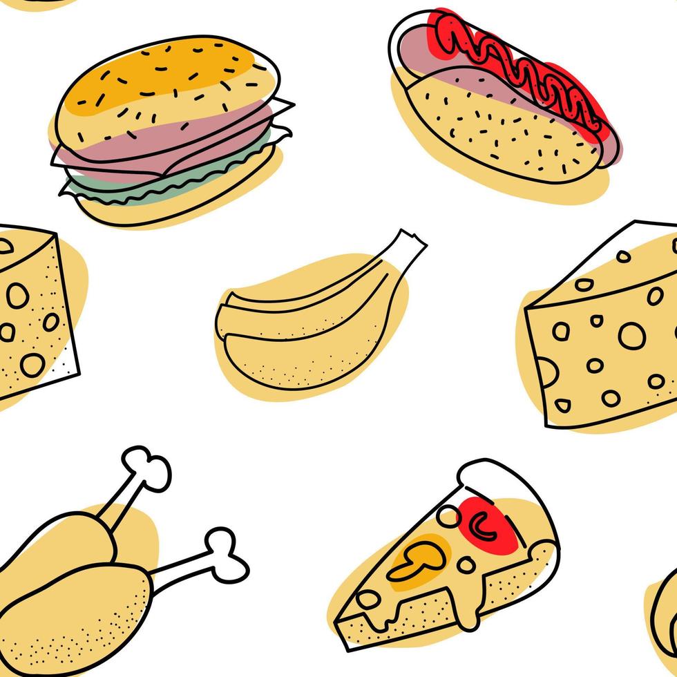 mat sömlös mönster. varmkorv, hamburgare, kyckling, pizza, bananer. isolerat vektor illustration.