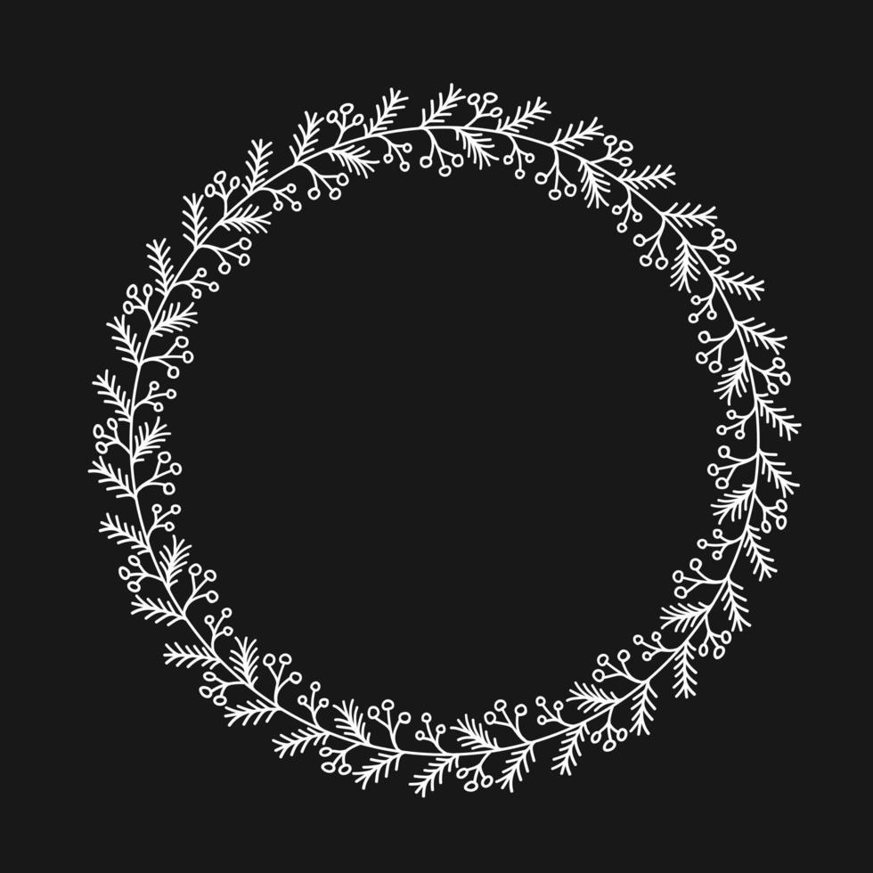 hand dragen jul krans. cirkel blommig ram med grenar. vit klotter stil gräns. dekorativ vektor element för ny år hälsning kort, inbjudningar.