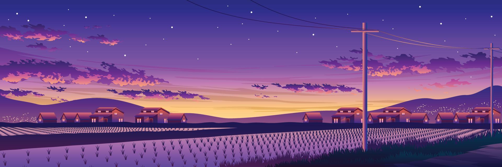 skön solnedgång ris fält och by landskap illustration vektor
