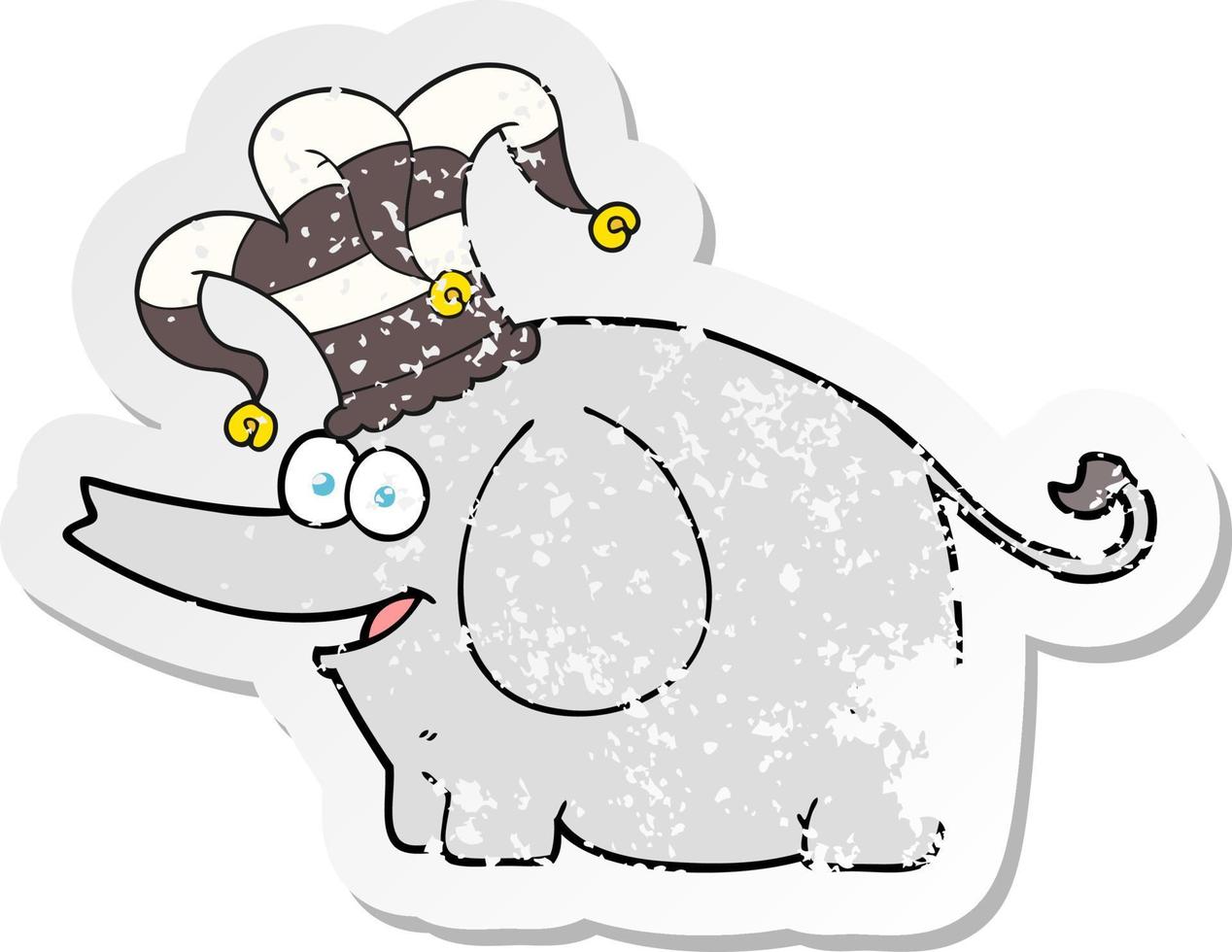 retro bedrövad klistermärke av en tecknad serie elefant bär cirkus hatt vektor