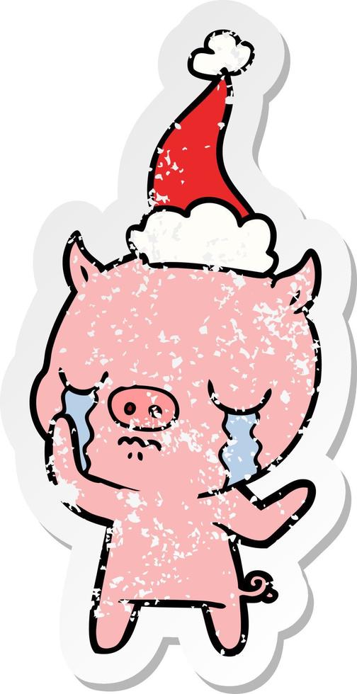 beunruhigter Aufkleber-Cartoon eines weinenden Schweins mit Weihnachtsmannmütze vektor