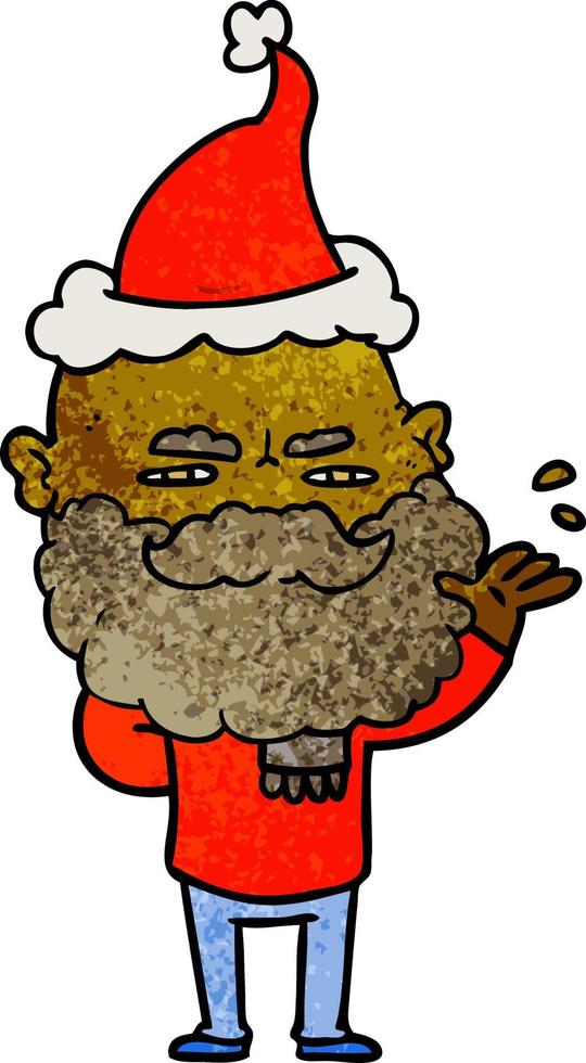 Strukturierter Cartoon eines abweisenden Mannes mit stirnrunzelndem Bart und Weihnachtsmütze vektor