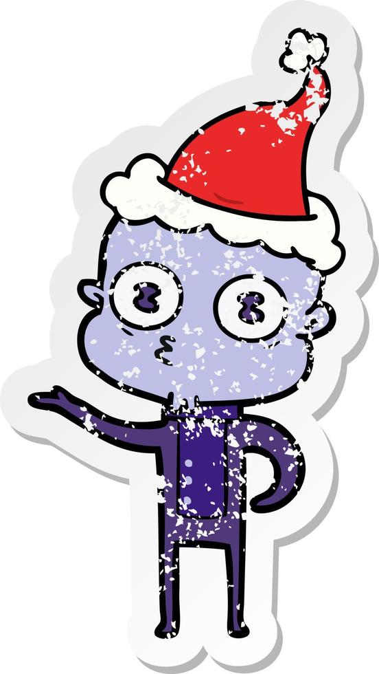 Distressed Sticker Cartoon eines seltsamen kahlköpfigen Raumfahrers mit Weihnachtsmütze vektor