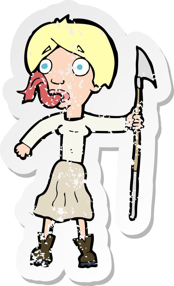 Retro-Distressed-Aufkleber einer Cartoon-Frau mit Speer, der die Zunge herausstreckt vektor