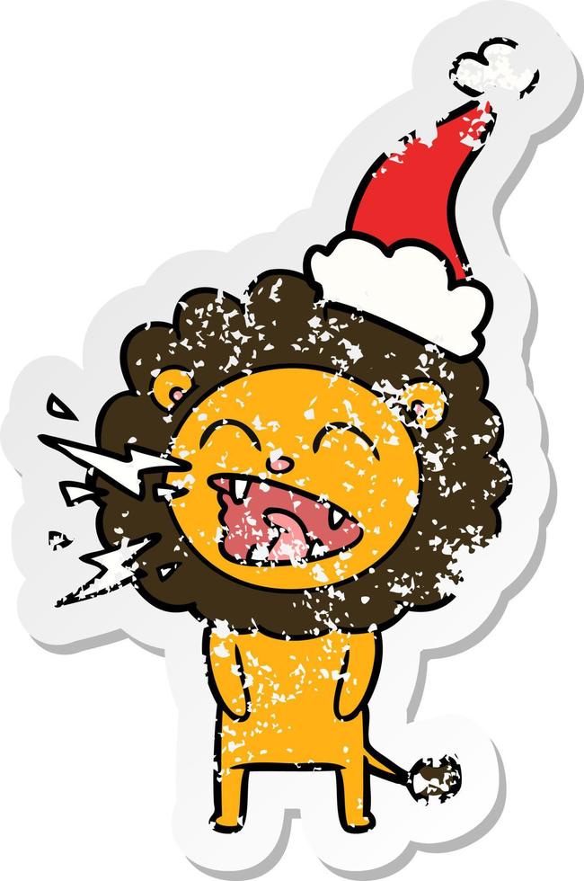 beunruhigter Aufkleber-Cartoon eines brüllenden Löwen, der Sankt-Hut trägt vektor
