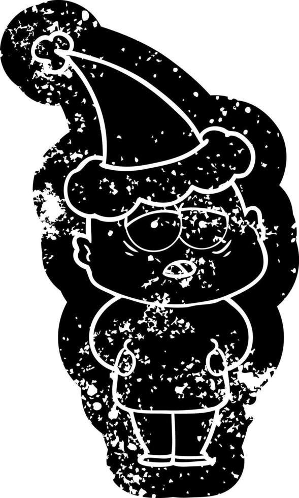 tecknad nödställd ikon av en trött skallig man som bär tomtehatt vektor