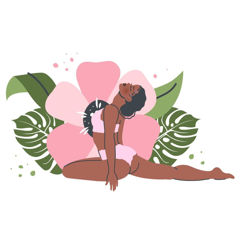 skön yoga kvinna isolerat på natur bakgrund. ung svart flicka i yoga utgör sträcker sig. meditation och andas öva. vektor platt tecknad serie illustration för friska livsstil, sport