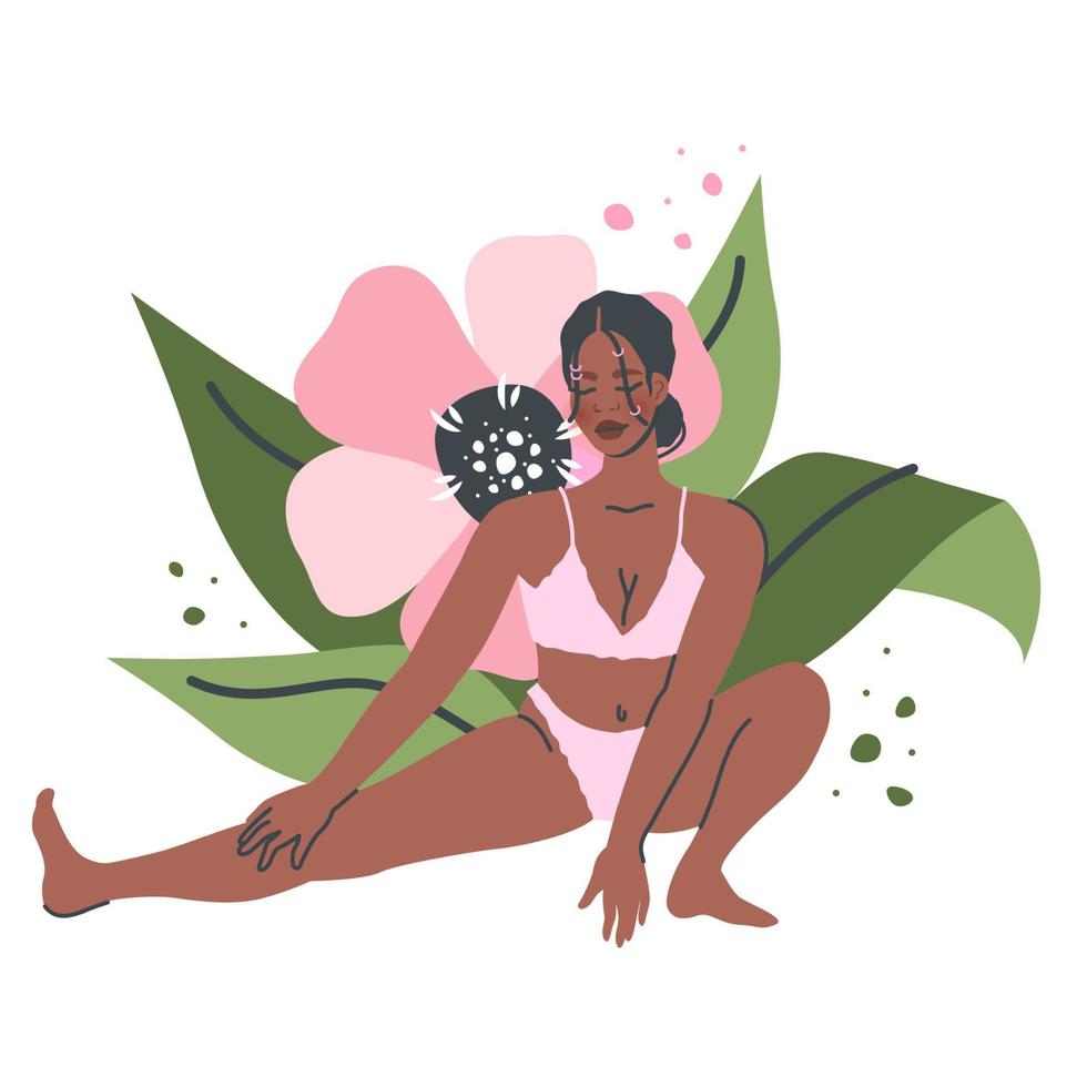 skön yoga kvinna isolerat på natur bakgrund. ung svart flicka i yoga utgör sträcker sig. meditation och andas öva. vektor platt tecknad serie illustration för friska livsstil, sport