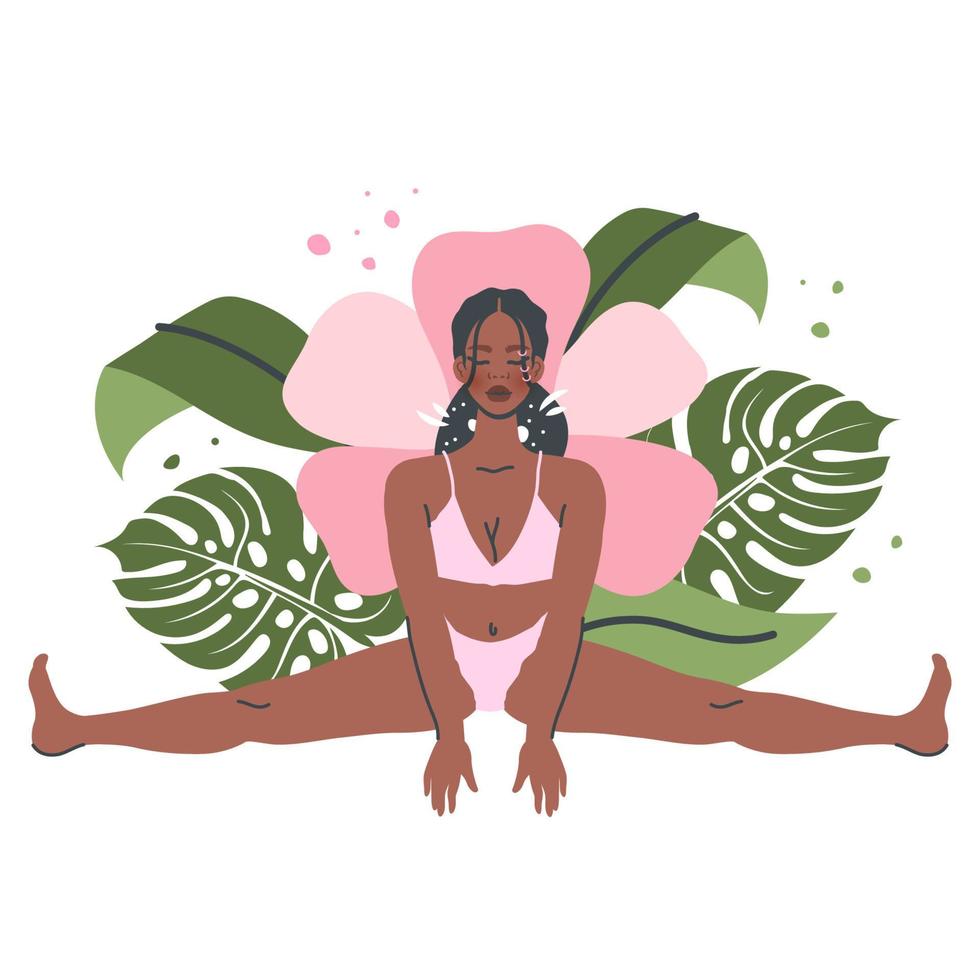 skön yoga kvinna isolerat på natur bakgrund. ung svart flicka i yoga utgör sträcker sig. meditation och andas öva. vektor platt tecknad serie illustration för friska livsstil, sport