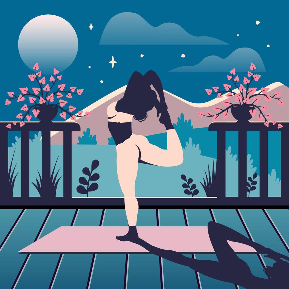 schöne yogafrau zu hause. Silhouette eines Mädchens erstreckt sich im Freien auf einer Yogamatte. weibliche Figur macht Atemübungen auf der Veranda. vektorflache steigungsillustration für gesunden lebensstil vektor